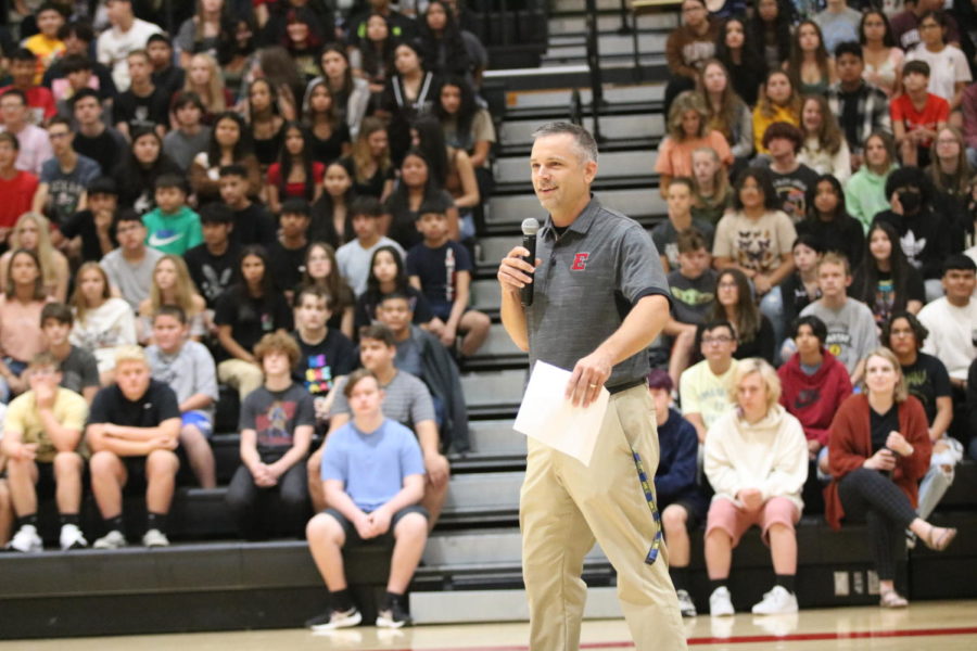 During the Back to School Assembly, Dathan Fischer (principal) addresses the students.  The assembly, hosted by Student Council, featured cheer, drumline, and dance performances as well as a game. 