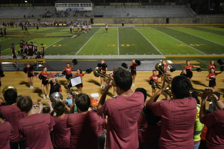 Emporia High Marching Band plays pep music during a time out. Photo by Michael Karmann.